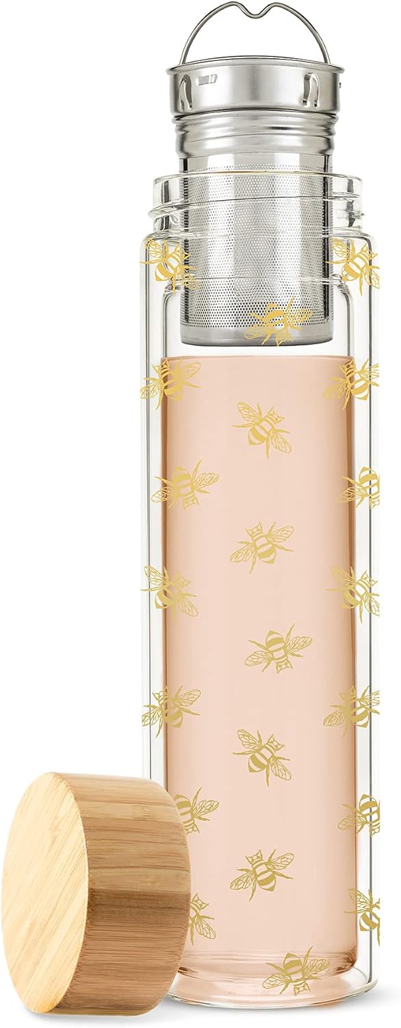 Pinky Up Blair Travel Tea Infuser Mug, Double Walled Insulated Travel Tumbler with Loose Leaf Tea Strainer, Travel Coffee Mug, Keeps Drinks Hot or Cold, 16 oz, White Leaf