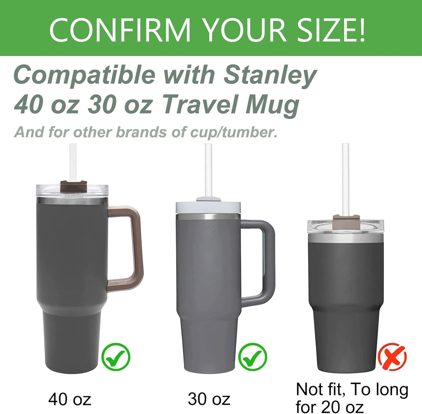 12" Glass Straw for Stanley 40 oz Cup Tumbler, Replacement Stanley Straw, 6 Pack Clear Glass Straw with Cleaning Brush, Reusable Stanley Cup Accesspries