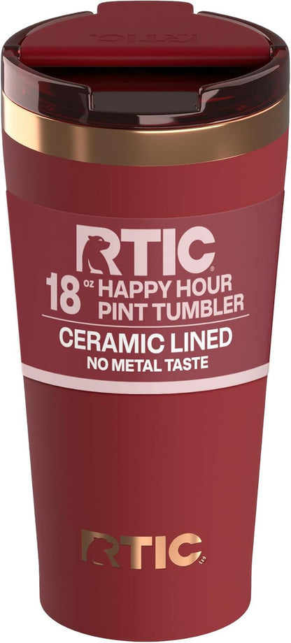 RTIC 18oz Happy Hour Pint Tumbler with Lid, Insulated, Ceramic Lined, Stainless Steel Metal, Portable Travel Cup for Hot and Cold Drink, Black Cherry