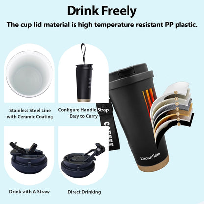 Insulated Coffee Mug with Ceramic Coating, 18 oz Ceramic Lined Travel Coffee Mug with Leakproof Lid, Double Wall Stainless Steel Hot ＆ Cold Drinking Cup for Office Camping Travel, White