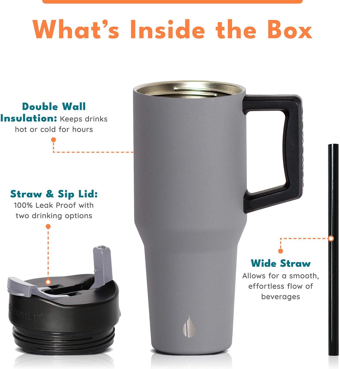 Elemental 32 oz 100% Leak Proof Tumbler with Handle & Straw - Stainless Steel Double Wall Insulated Tumbler for Hot and Cold Beverages - Travel Coffee Mug with Sip & Straw Lid - White - Colors A