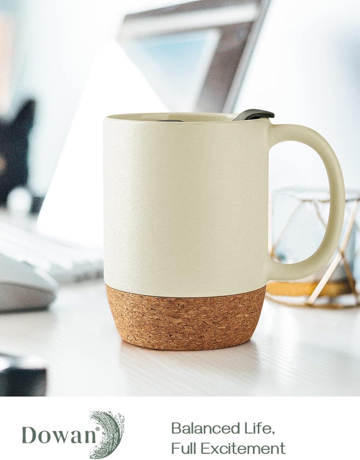 DOWAN Coffee Mugs, 15 oz Mug Set of 2, Large Ceramic Coffee Mug with Cork Bottom and Spill Proof Lid for Mom Dad, Big Mug for Latte Tea, Matte Grey