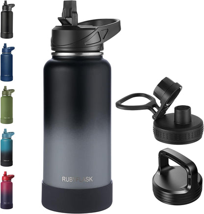 RUBYFLASK 32oz Insulated Water Bottle with Straw, Stainless Steel Metal Vacuum Water Flask, Large Thermal Water bottle with Leakproof 3 Lids for Travel, Camping, Gym Sports Indigo Black