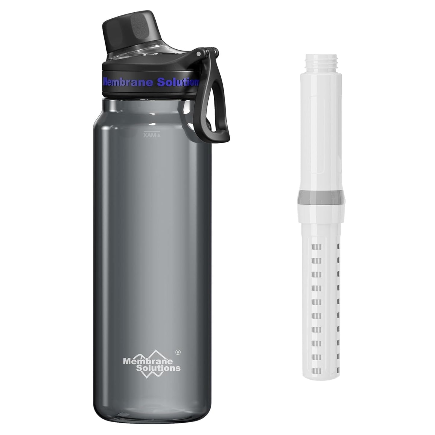 Filtered Water Bottle, Membrane Solutions C3 Water Bottle Filter with Replaceable ACFX2 Filter Cartridge, Portable Water Filter 36oz BPA-Free for Travel, Hiking & Camping Drinking use(Grey)