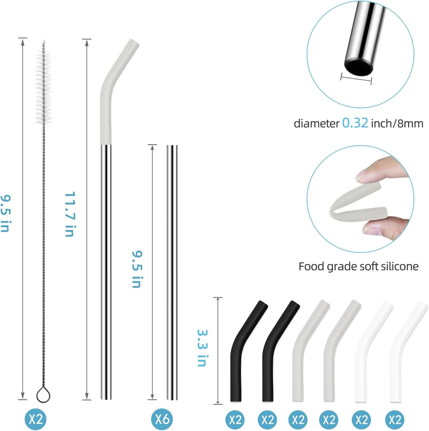 40 oz Stainless Metal Straws for 40 oz Stanley Tumbler, 6Pcs Reusable Straight Long Steel Straws with 12 Silicone Tips and 2 Straw Cleaning Brushes (6Color1, 40oz)