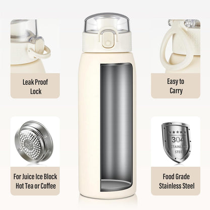 Insulated Water Bottle 24 oz with Dustproof Lid, Carry Handle & Tea Infuser, BPA-Free & Leakproof, Stainless Steel Water Bottles Ideal for Fitness, Hiking, Office & Outdoor Use (Black)