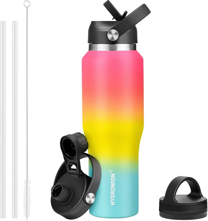 HYDROWION 32oz Stainless Steel Water Bottle(Cold for 48 Hrs, Hot for 24 Hrs),Double Wall Vacuum Insulated Water Bottle with Straw Lid, Spout Lid and Flex Cap, Fit in Any Car Cup Holder,Black