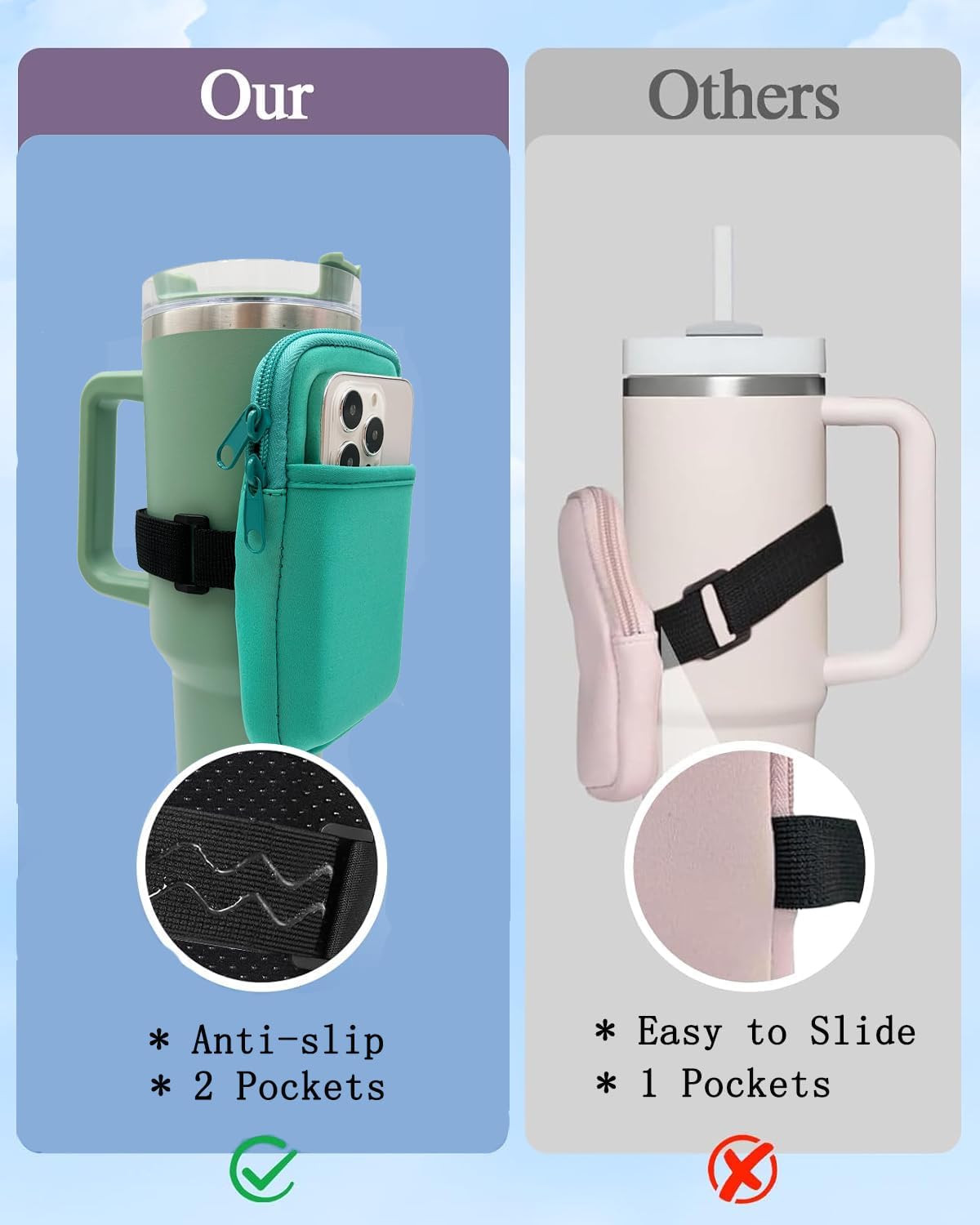 LMYUHONG Water Bottle Pouch For Stanley cup accessories 40oz 20oz 30oz,tumbler pouch with Versatile Pocket, for Cards, Keys,Earphone. Fits for Phones, Use for Running, Walking, Hiking,Biking,DeepPink