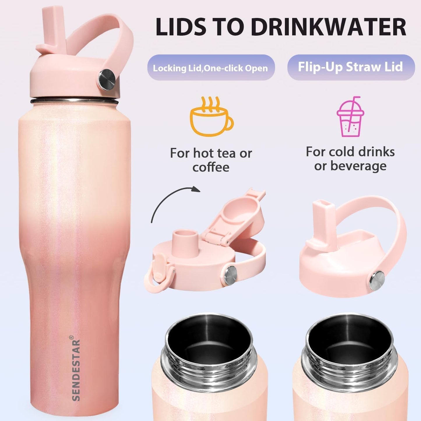 SENDESTAR 40oz Water Bottle Wide Mouth Stainless Steel Vacuum Insulated Double Wall with Straw Lids Fit in Any Car Cup Holder