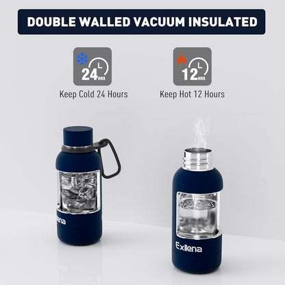 Exllena Slim Insulated Water Bottles for Travel 18oz with Clip, Double Wall Vacuum Stainless Steel Water Bottle Keeps Drinks Cold 24 Hrs/Hot 12 Hrs, 100% Leakproof, BPA Free(Black)