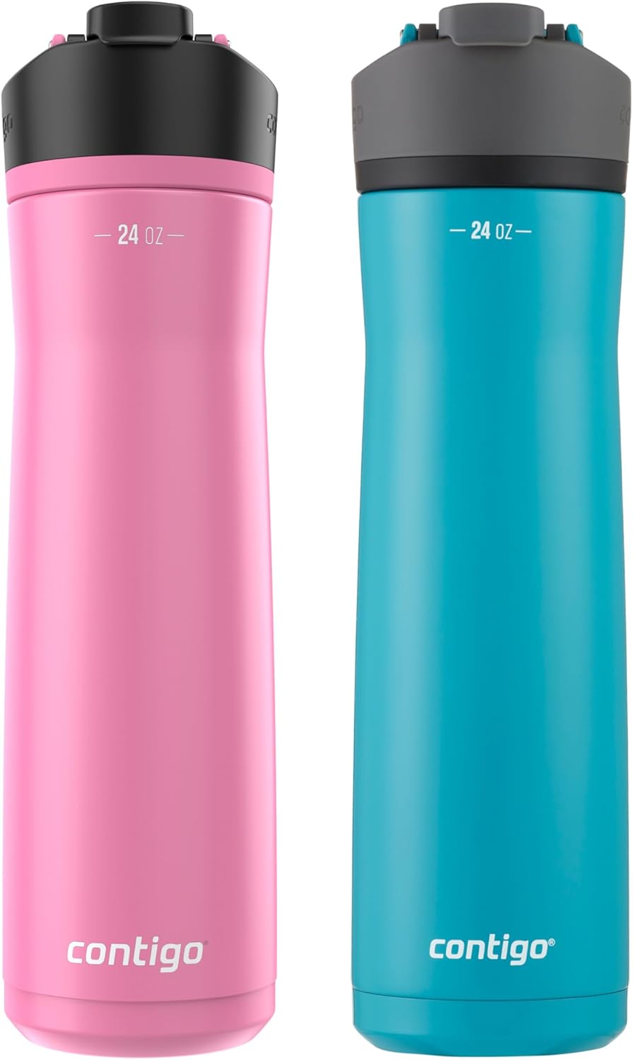 Contigo Cortland Chill 2.0 Vacuum-Insulated Stainless Steel Water Bottle, Spill-Proof Sip Technology, Interchangeable Lid, 24oz, Steel/Licorice, Perfect for Fitness Travel Everyday Use