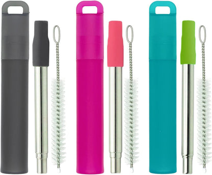 NAIVELY-Metal Reusable Straws 3 Pack Collapsible Portable Stainless Steel Drinking Straw Telescopic Travel Straw, with Case and Cleaning Brush Foldable Pocket Straws