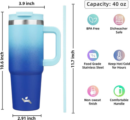 Konokyo 30 oz Tumbler with Handle and 2 Straws,2 in 1 Lid Insulated Water Bottle Stainless Steel Travel Coffee Mug,Sky