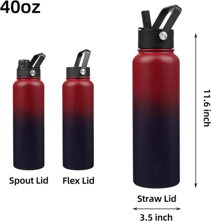 BJPKPK Insulated Water Bottles with Straw Lid, 40oz Stainless Steel Water Bottles with 3 Lids, BPA Free Leakproof Thermo, Tumblers, Cups for Sports, Gym- Midnight - Colors A