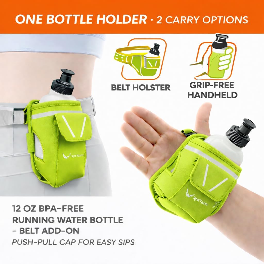 2-in-1 Running Fun: Handheld 12 Oz Water Bottle & Running Belt Add-On. No-Grip Design Straps on Hand & Slides on Belt. Waterproof Pocket for Money, Keys. Maximize Time, Freedom & Health