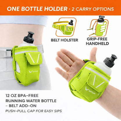 2-in-1 Running Fun: Handheld 12 Oz Water Bottle & Running Belt Add-On. No-Grip Design Straps on Hand & Slides on Belt. Waterproof Pocket for Money, Keys. Maximize Time, Freedom & Health