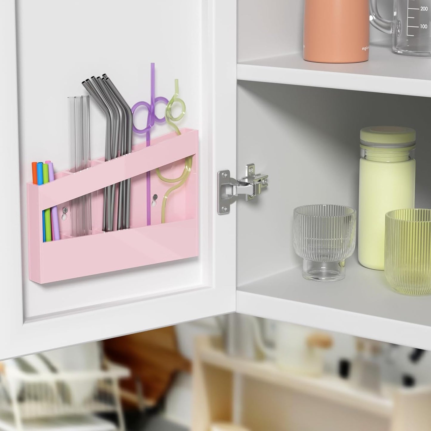 Acrylic Straw Holder for Cabinet - 9.5 Inch Clear Reusable Straw Organizer Dispenser with Ultra Sticky Adhesive Tapes, Slanted Kitchen Accessories Container Cupboard Door Mounted