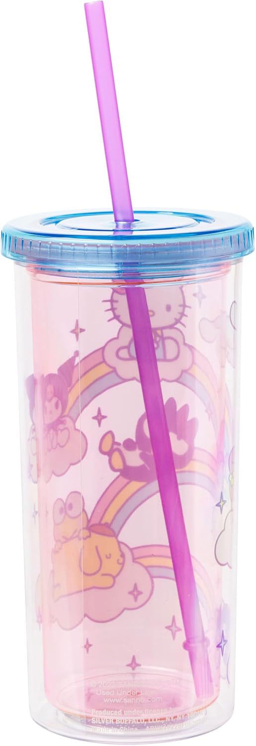 Silver Buffalo Sanrio Hello Kitty Milk Carton Pattern Plastic Boba Tumbler w Lid and Wide Straw, 24 Ounces