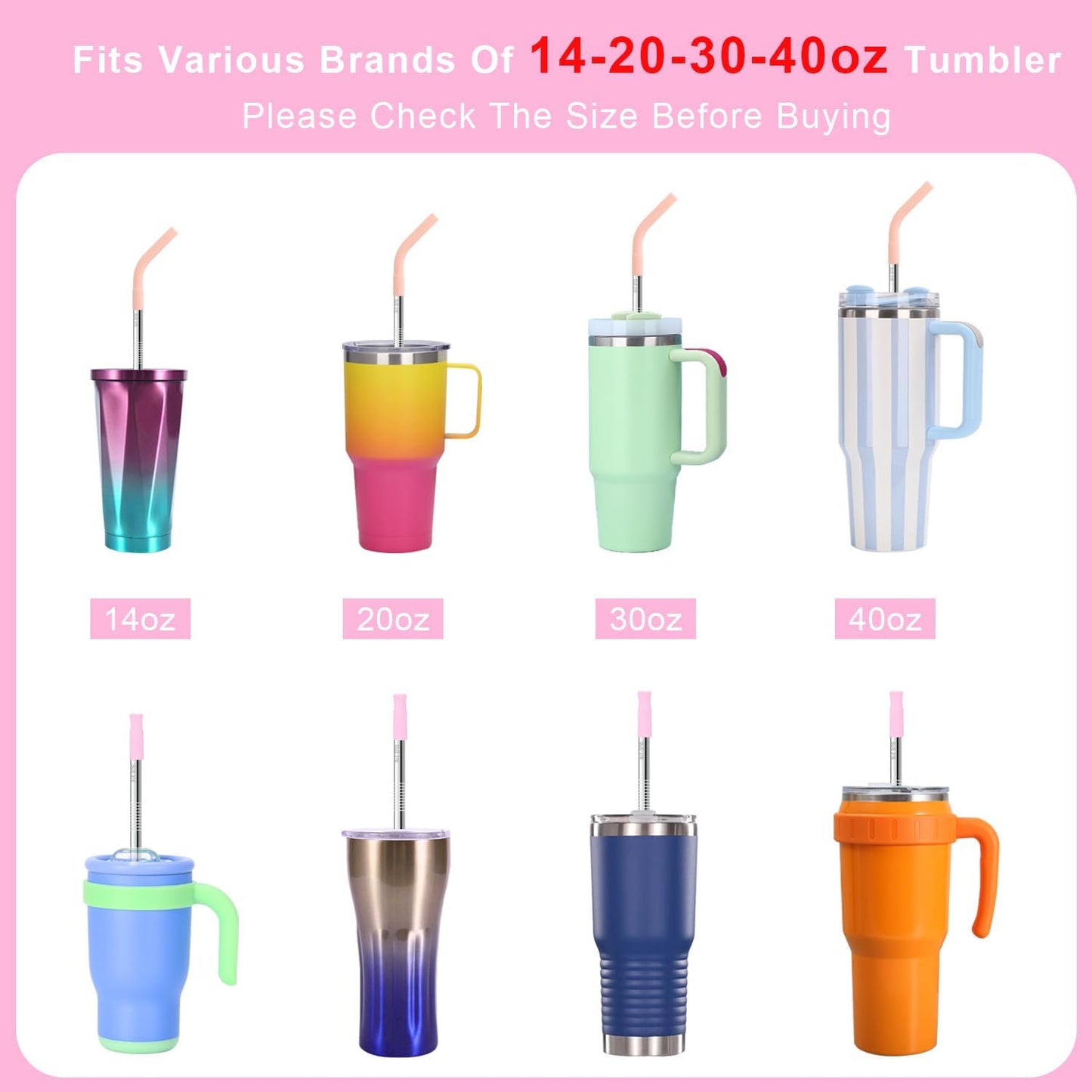 Reusable Stainless Steel Straws Set 6 PCS with 6 Silicone Tips, 2 Straw Brush, 1 Storage Case, Different Sizes of Metal Straws Reusable, Suitable for 14, 20, 30 oz Cups Tumbler, for Hot/Cold Drinks