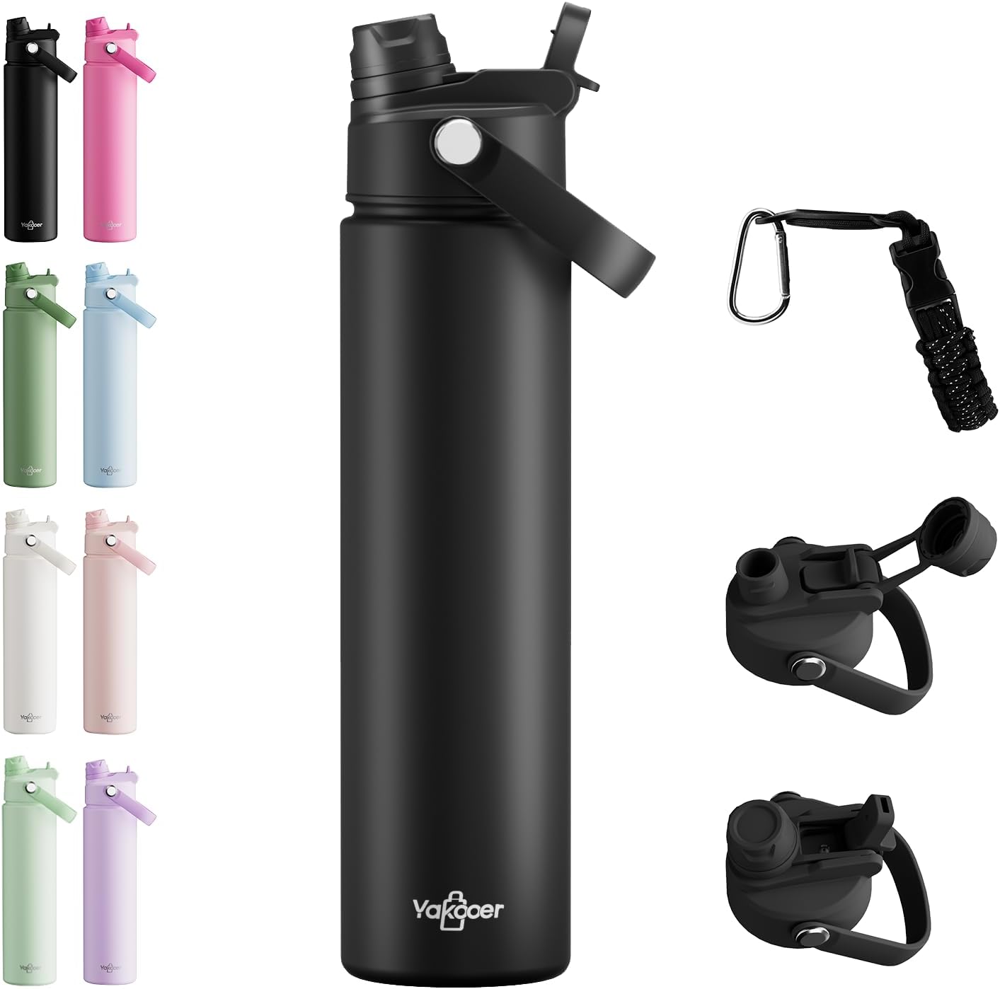 26oz Insulated Water Bottle with 2-in-1 Straw and Spout Lid, 304 Stainless Steel Water Bottle Keep Cold for 24H,Leak-Proof,Sports Water Bottle with Braided Carry Strap for Gym,Travel,Outdoors,Black