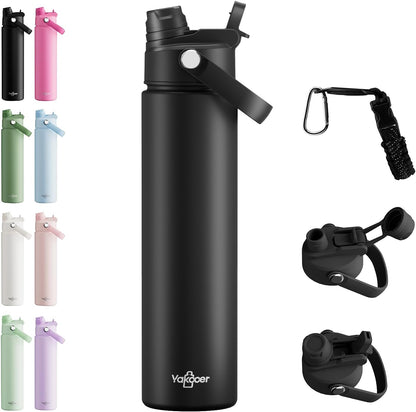 26oz Insulated Water Bottle with 2-in-1 Straw and Spout Lid, 304 Stainless Steel Water Bottle Keep Cold for 24H,Leak-Proof,Sports Water Bottle with Braided Carry Strap for Gym,Travel,Outdoors,Black