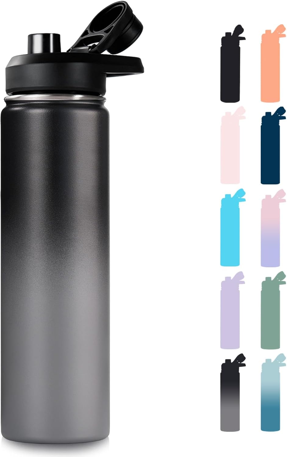 Fijinhom 24 oz Insulated Water Bottle with Handle, 304 Stainless Steel Water Bottles with Wide Mouth, Double Wall Vacuum Sports Water Bottle, BPA Free, Keep Cold and Hot, Black | with Handle