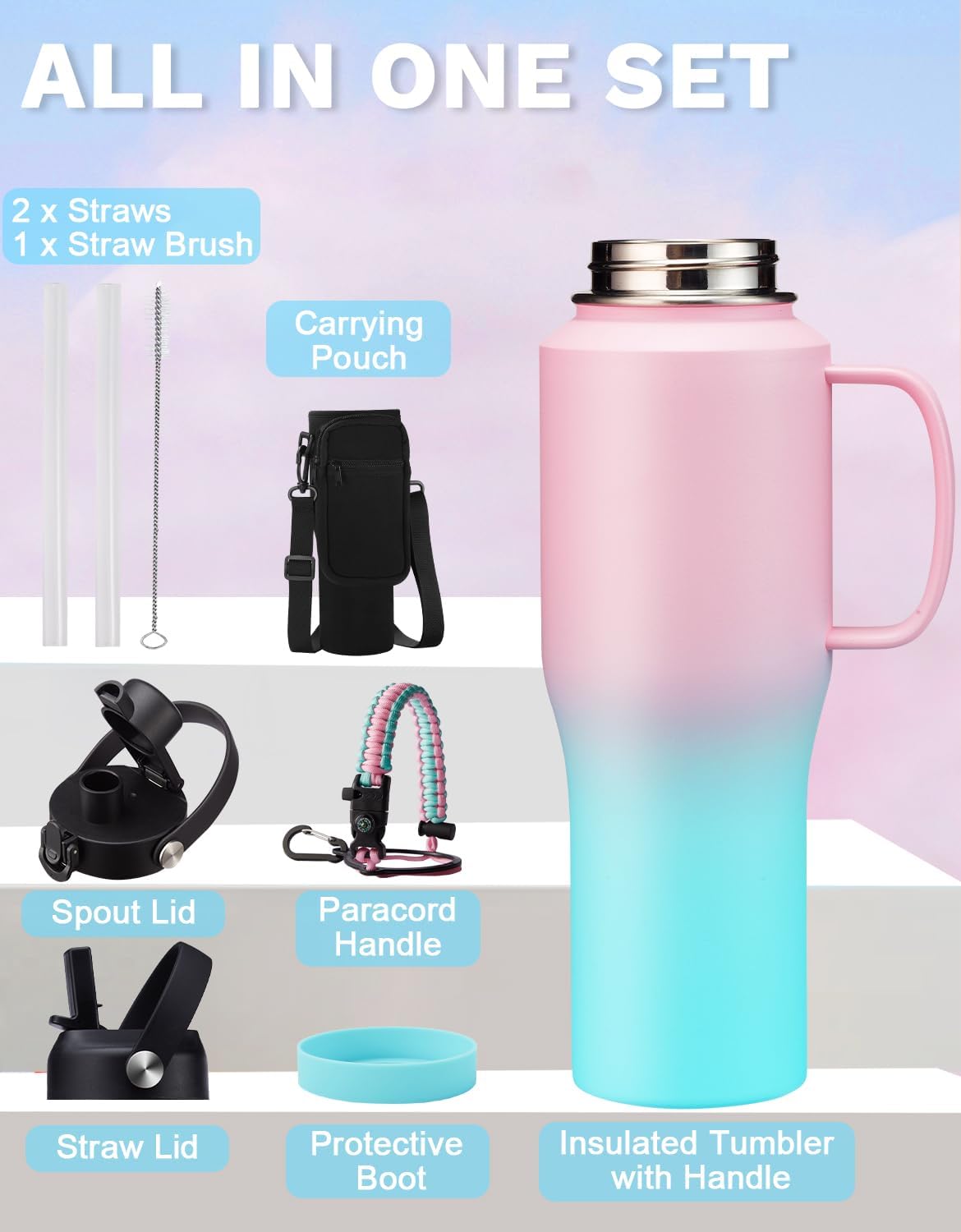 Insulated Water Bottle 40 oz - Fits in any Car Cup Holder, Keep Cold 48H Hot 24H, Stainless Steel Waterbottle Double Wall Flask with Straw, Pop-up Spout Lid, Paracord Handle, Carrier Bag