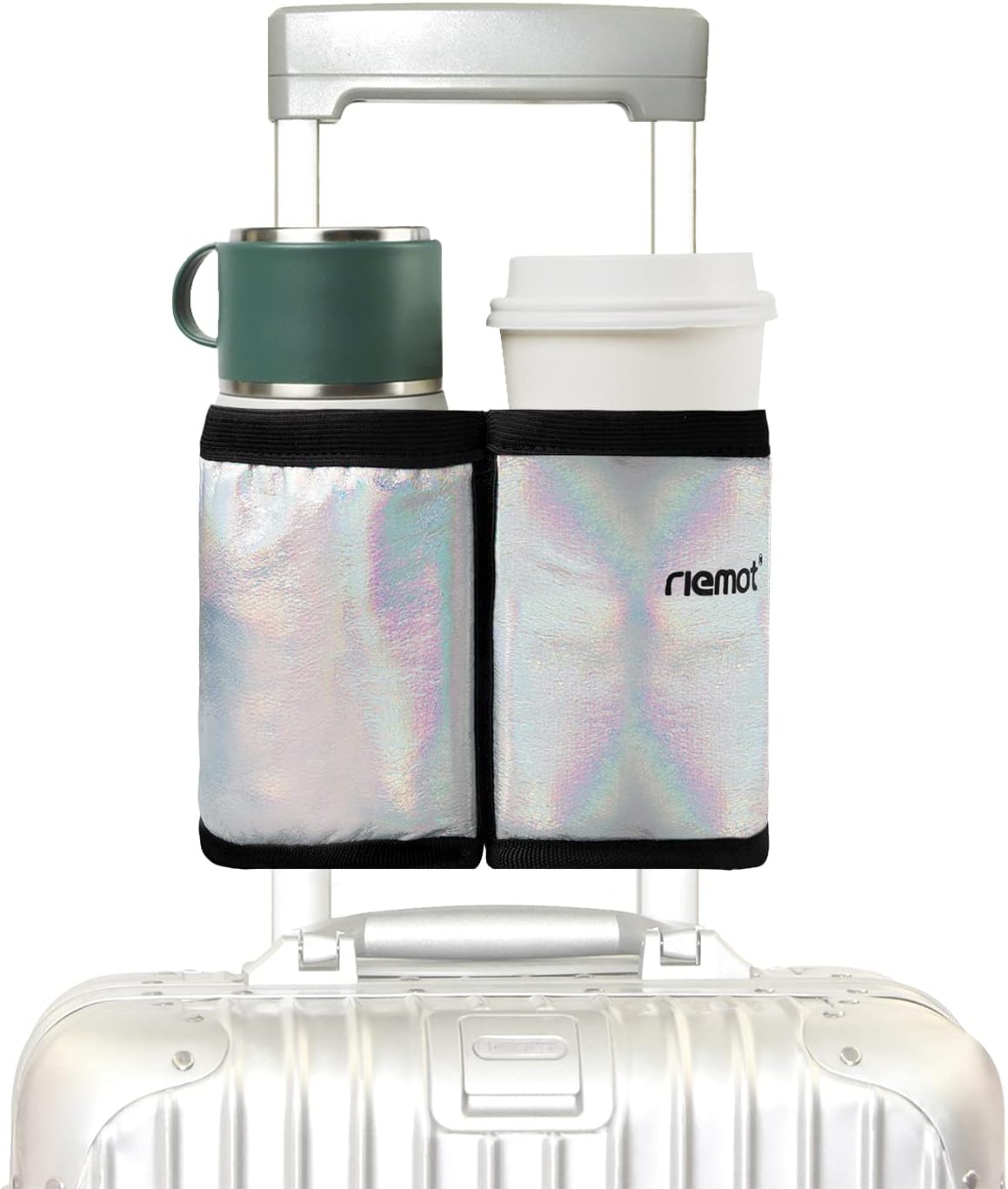 riemot Luggage Travel Cup Holder Free Hand Drink Carrier - Hold Two Coffee Mugs - Fits Roll on Suitcase Handles - Gifts for Flight Attendants Travelers Accessories Carbon Black