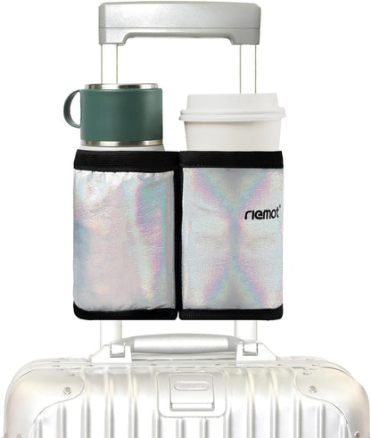 riemot Luggage Travel Cup Holder Free Hand Drink Carrier - Hold Two Coffee Mugs - Fits Roll on Suitcase Handles - Gifts for Flight Attendants Travelers Accessories Carbon Black