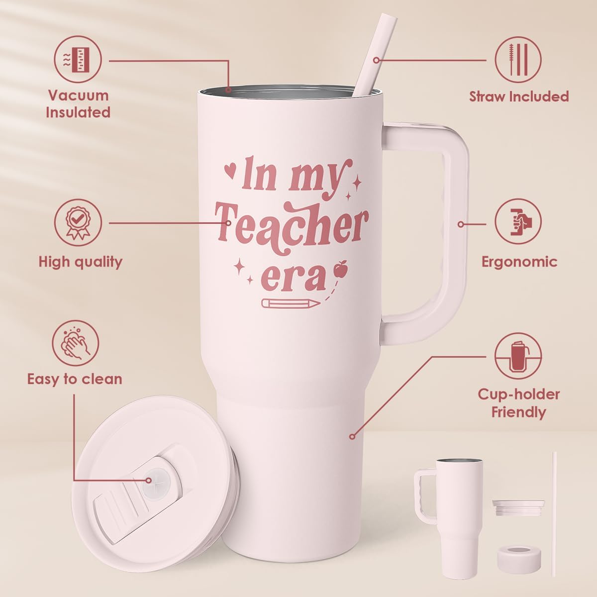 Floral Tumbler with Handle 40oz, Stainless Steel Insulated Tumblers Coffee Travel Mug Cup with Straw, Flower Coffee Cup Gifts for Women Girls, Gift for Her on Christmas Birthday Mothers Day