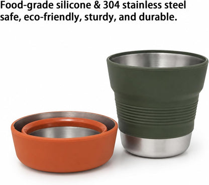 Ultralight Collapsible Travel Cup 16 oz, BPA Free Silicone & Stainless Steel Camping Mug, Foldable Portable Cup for Hiking, Backpacking, Outdoor Coffee Mug (Khaki)