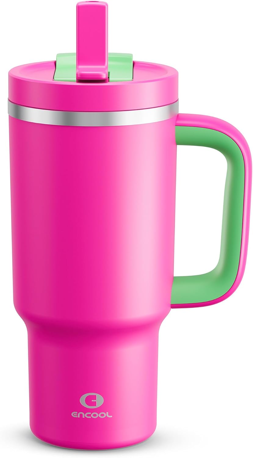 40 oz Tumbler with Handle and Straw: Stainless Steel Insulated Tumbler Keeps Cold for 24 Hours, Leakproof Travel Cup Fits in Cup Holder and BPA-Free, Cotton Candy