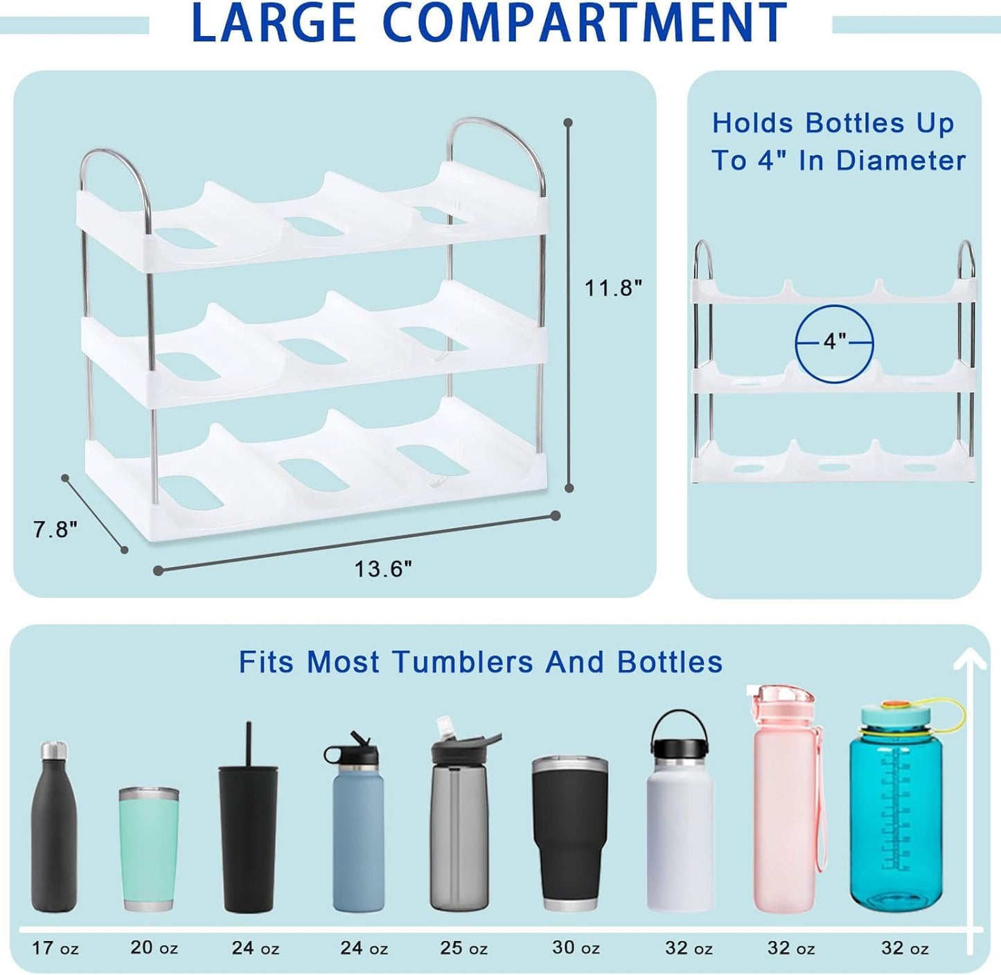 LARGER Compartment - 3 Tier Stackable Water Bottle Organizer Holder - for Stanley 40oz & Others' Large Tumbler - Clear Wine Rack, 12 Cup Bottle Holder for Cabinet Home Countertop Fridge Pantry Shelf