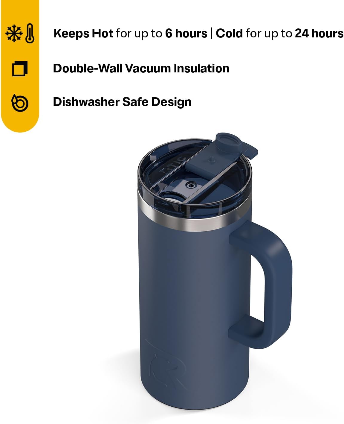 RTIC 20oz Road Trip Travel Mug with Lid and Handle, Ceramic Lined, Insulated, Stainless Steel, Metal, Double Wall Vacuum-Insulation, Portable Coffee, Tea Cup for Hot and Cold Drink, Black