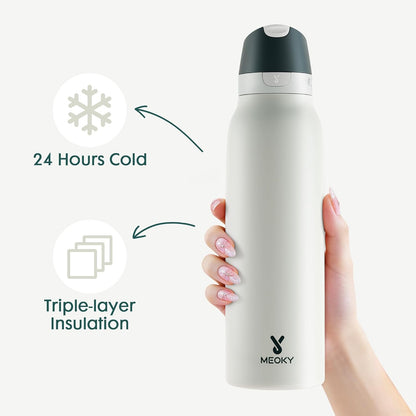 Meoky 24 oz Slim Insulated Water Bottle: Leak Proof Locking Lid, 2-in-1 Straw and Spout, 24 Hours Cold, Top Handle, BPA Free, Stainless Steel Water Bottle for Men Sports Travel Gym, Night
