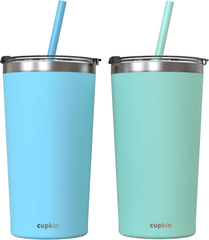 CUPKIN Stainless Steel Insulated Tumbler with Lid and Straw, 20 oz Stainless Steel Cups, Set of 2 Travel Coffee Mug for Adults, Iced Coffee Cup with Lid, Tumbler for Travel (Coral + Yellow)