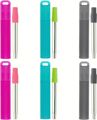 NAIVELY-Metal Reusable Straws 3 Pack Collapsible Portable Stainless Steel Drinking Straw Telescopic Travel Straw, with Case and Cleaning Brush Foldable Pocket Straws