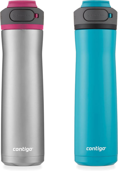 Contigo Cortland Chill 2.0 Vacuum-Insulated Stainless Steel Water Bottle, Spill-Proof Sip Technology, Interchangeable Lid, 24oz, Steel/Licorice, Perfect for Fitness Travel Everyday Use