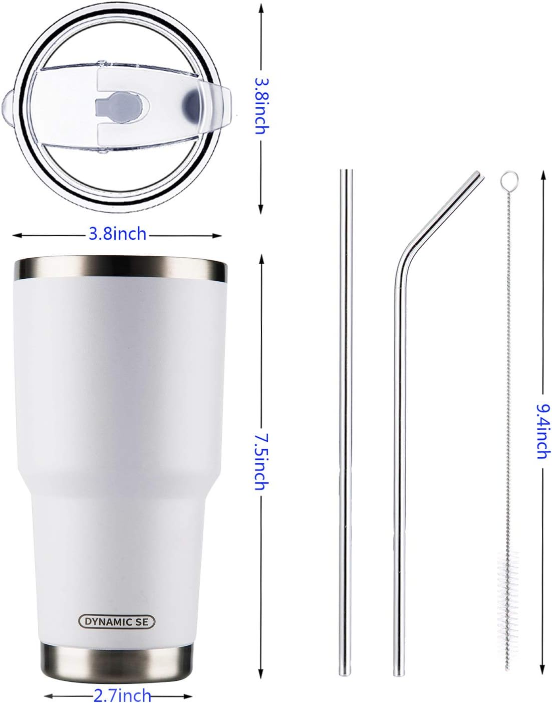 D·S 30oz Blue Tumbler Stainless Steel Double Wall Vacuum Insulated Mug with Straw and Lid, Cleaning Brush for Cold and Hot Beverages