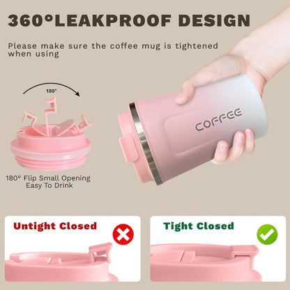 SPLMIFA Travel Coffee Mug Leak-Proof, Reusable Coffee Cups with Lids, Stainless Steel Vacuum Insulated Coffee Tumblers, Thermal Insulation Cup for Men and Women Hot & Cold Drinks(2nd-Green Pink, 12OZ)