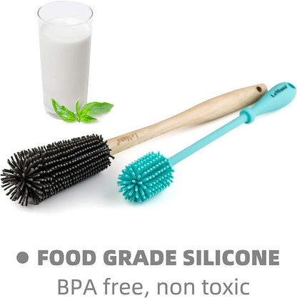 Silicone Bottle Brush Set with Wooden Handle - Silicone Brush & Straw Cleaner for Hydro Flask, Sports Bottle, Glassware