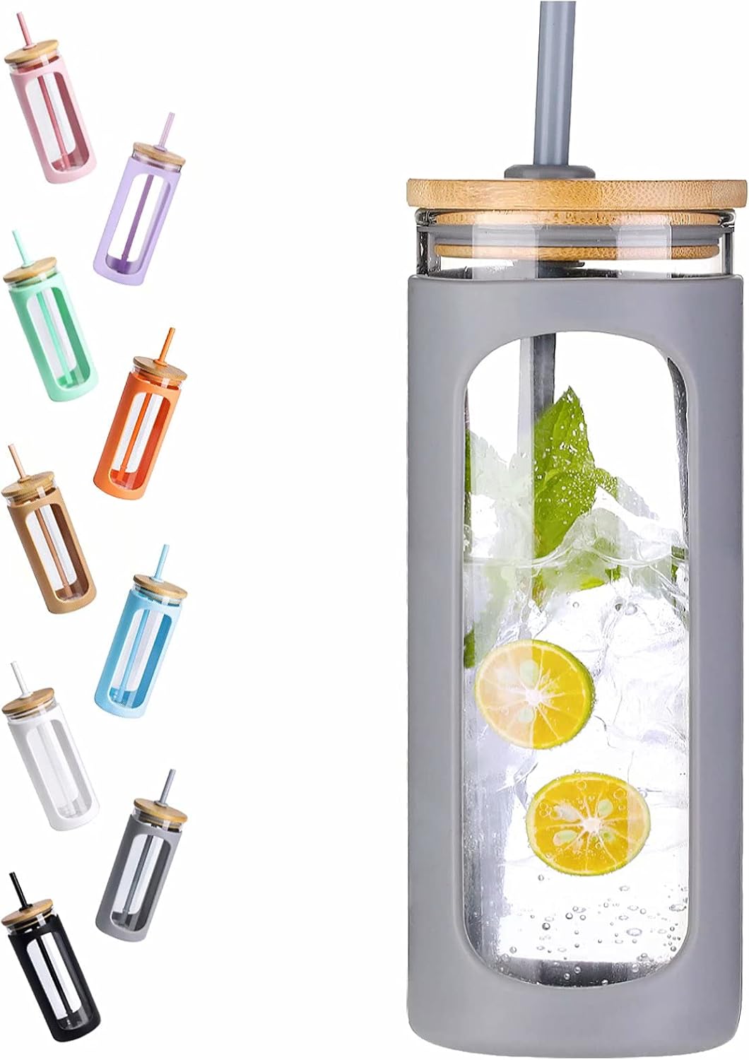 Kodrine 20oz Glass Water Tumbler with Straw and Lid, Bamboo Lids Water Bottle, Iced Coffee Cup Reusable, Wide Mouth Smoothie Cups with Protective Silicone Sleeve BPA FREE-Black - Colors B