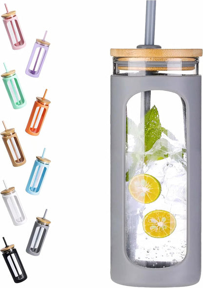 Kodrine 20oz Glass Water Tumbler with Straw and Lid, Bamboo Lids Water Bottle, Iced Coffee Cup Reusable, Wide Mouth Smoothie Cups with Protective Silicone Sleeve BPA FREE-Black - Colors B