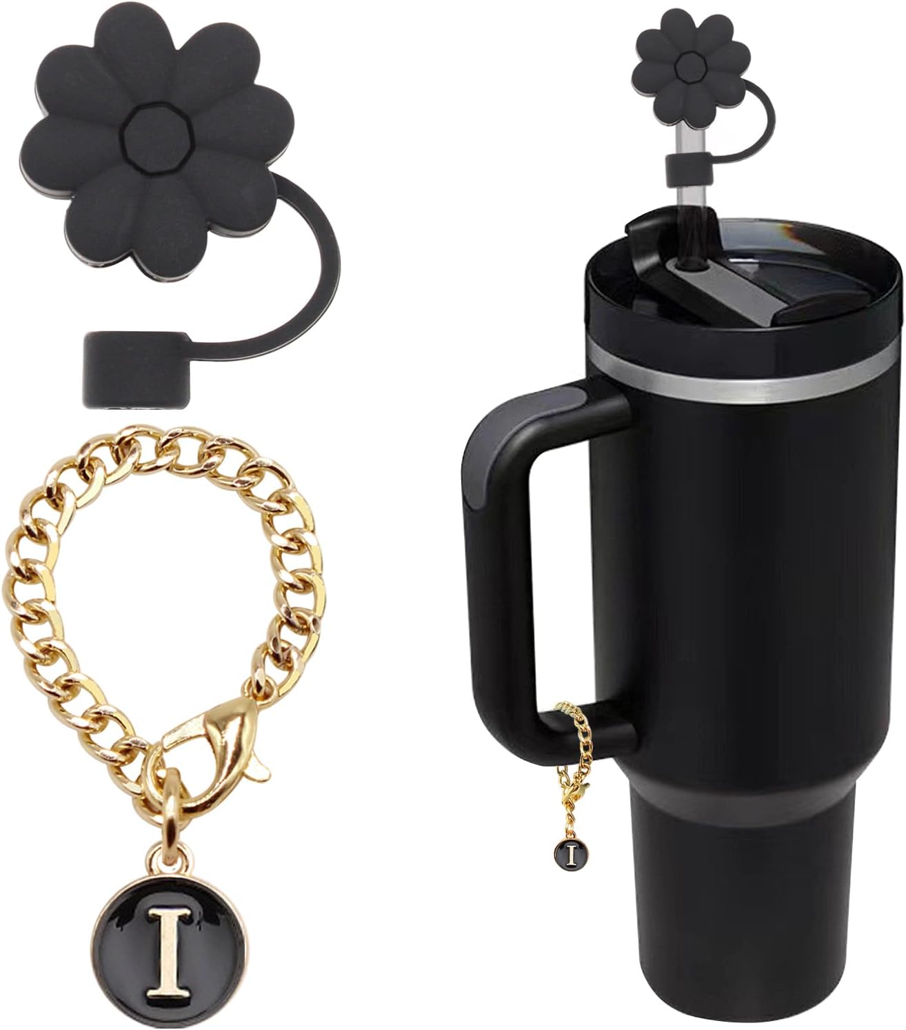Stanley Cup Accessories, 1pc Flower Stanley Straw Cover Silicone Straw Topper for Stanley 30&40 oz Tumbler with Handle and 1pc Initial Letter Charm for Stanley Cup (Letter D)
