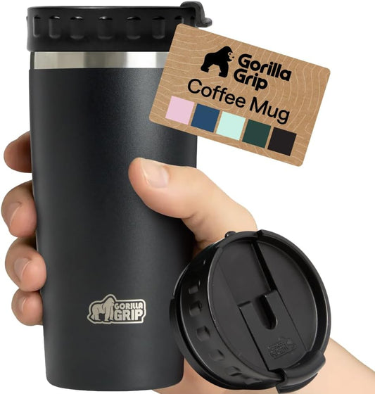GORILLA GRIP 304 Stainless Steel Double Insulated Travel Coffee Mug, Leakproof Lid with Smooth Sip Top, Prevent Spills, Dent & Rust Resistant Reusable Tumbler Cup, Thermal Mugs for Drinks, 20oz, Black