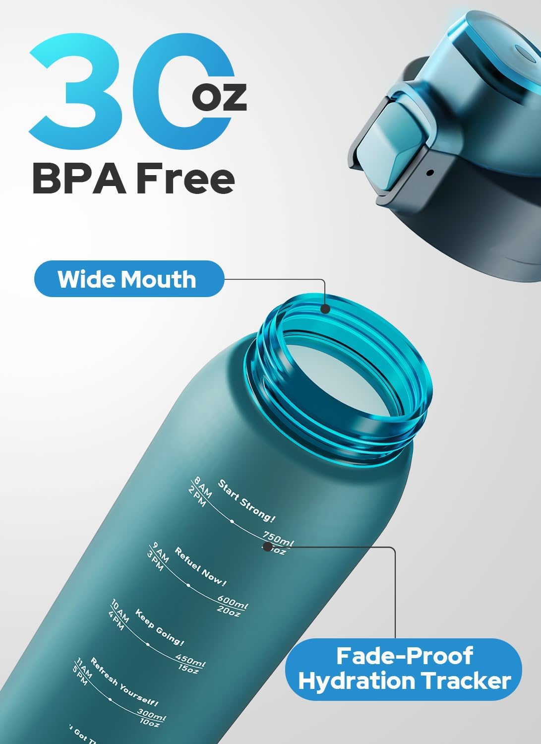 Opard Zip 32oz Plastic Water Bottle Dishwasher Safe, Leakproof Flip-Top Lid, BPA Free Tritan, Wide Mouth Reusable Sports Water Bottle for Gym Hiking Commuting Outdoor Travel and School