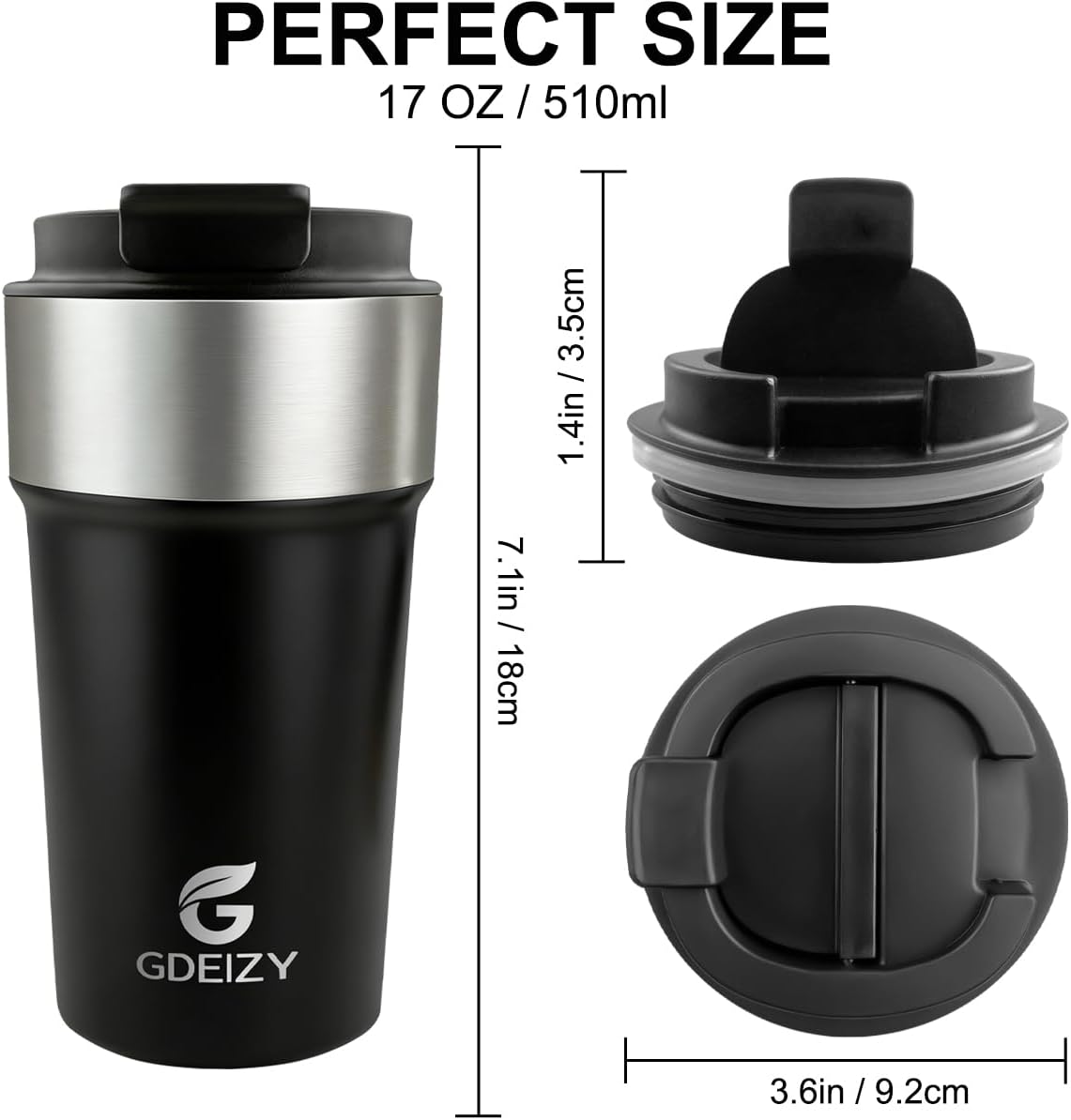 17oz Double Wall Stainless Steel Vacuum Insulated Travel Mug, Spill-Proof & Leak-Proof Coffee Mug, BPA-Free Reusable Coffee Cup for Hot & Cold Drinks, Black (Black)