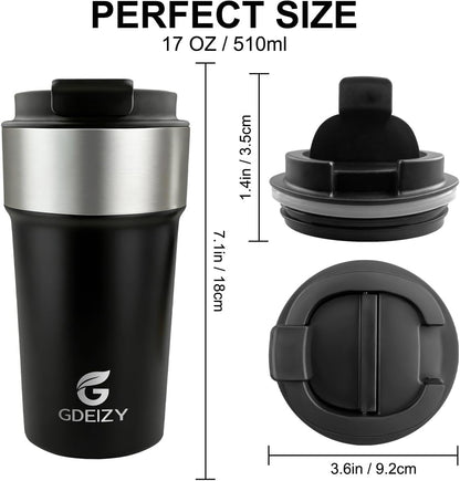 17oz Double Wall Stainless Steel Vacuum Insulated Travel Mug, Spill-Proof & Leak-Proof Coffee Mug, BPA-Free Reusable Coffee Cup for Hot & Cold Drinks, Black (Black)