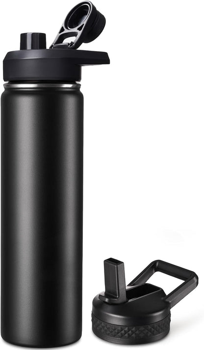 Fijinhom 24 oz Insulated Water Bottle with Handle, 304 Stainless Steel Water Bottles with Wide Mouth, Double Wall Vacuum Sports Water Bottle, BPA Free, Keep Cold and Hot, Black | with Handle