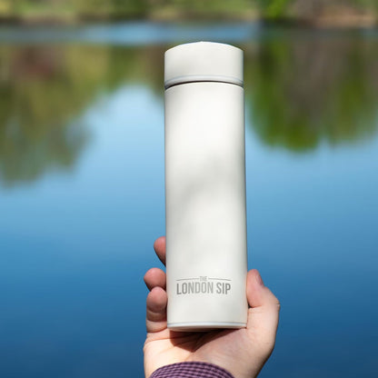 The London Sip Multi-Purpose Travel Mug and Tumbler Fruit Infused Flask Hot and Cold Double Wall Stainless Steel Thermos with Extra-Long Infuser, Purple